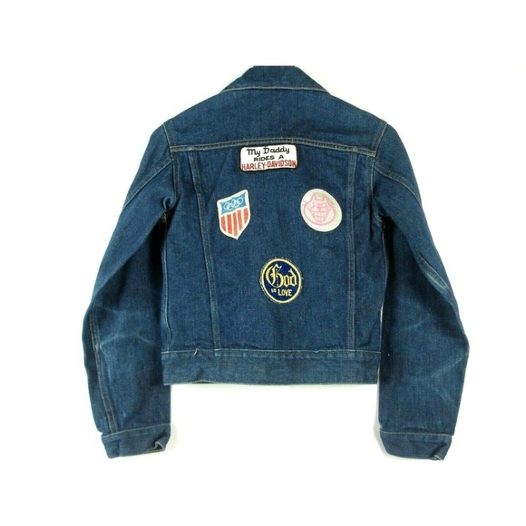 Size Kid's 14 Denim Trucker Jacket w/Harley-Davidson Patches by Sears Vintage - Picture 1 of 6